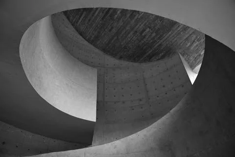 Abstract Spiral Concrete Architecture Interior With Curved Ramp And Circular Stock Photos