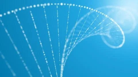 Abstract Spiral DNA Structure with Glowing White Dots on Blue Background. Stock Illustration