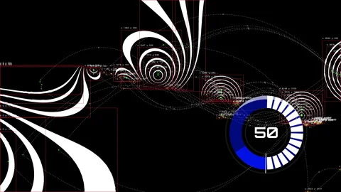 Abstract spiral lines connecting data points on black background Stock Footage 336811547