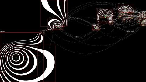 Abstract spiral lines connecting data points on black background Stock Illustration