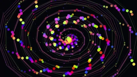 Abstract spiral motion featuring multicolored glowing dots connected by thin Vídeo Stock 344583228