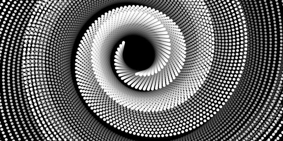 Abstract spiral pattern made of white spotted lines on a black background. .. Illustrazione stock