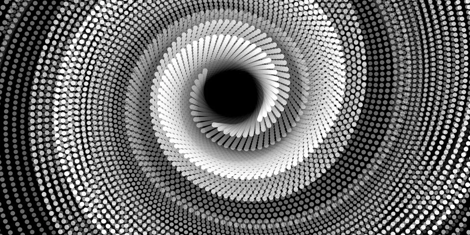 Abstract spiral pattern made of white spotted lines on a black background. .. Illustrazione stock