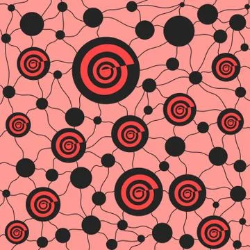 Abstract spirals and circles pattern pink black red connected with wavy Stock Illustration