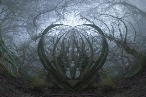 An abstract, spooky circular effect. Of a forest and branches on a winters day. Stock Photos
