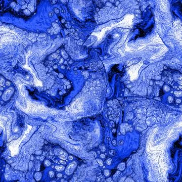 Abstract spots of fluid pouring seamless pattern in blue tones. Stock Illustration