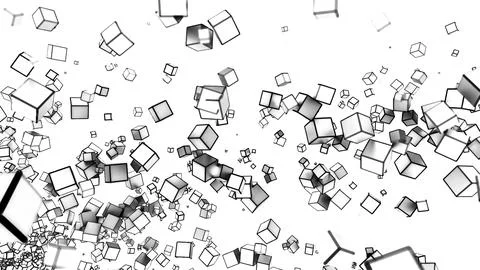 Abstract spreading stream of 3d cubes. Motion. Silhouettes of small flying and Illustrazione stock