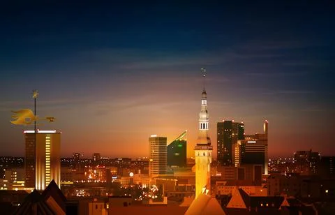 Abstract spring background with blue brown sunset and panorama of Tallinn Ilustração Stock