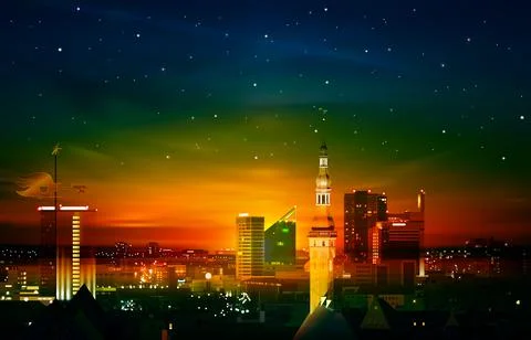 Abstract spring background with blue green sunset and panorama of Tallinn Ilustração Stock