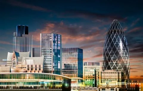 Abstract spring background with dark clouds and panorama of London Stock Illustration