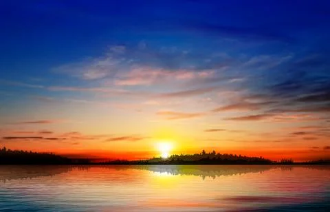 Abstract spring background with forest lake clouds and sunrise Stock Illustration