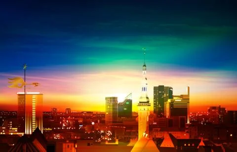 Abstract spring background with green blue sunset and panorama of Tallinn Stock Illustration