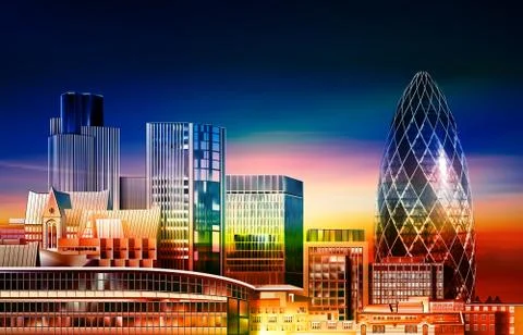 Abstract spring background with green blue sunset and panorama of London Stock Illustration