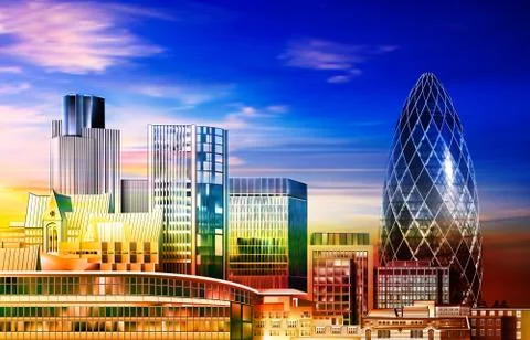 Abstract spring background with pink clouds and panorama of London Stock Illustration