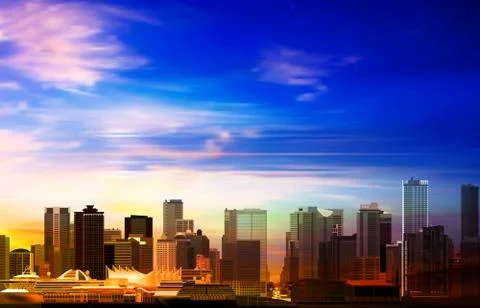 Abstract spring background with pink clouds and panorama of Vancouver Stock Illustration
