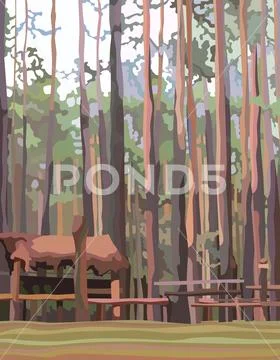 Abstract spring pine forest background with wooden buildings Stock Illustration