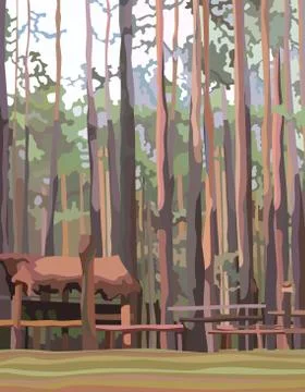 Abstract spring pine forest background with wooden buildings Ilustración de archivo