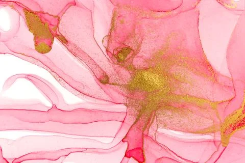 Abstract spring pink peony background. Pink and gold watercolor pattern. Illustrazione stock