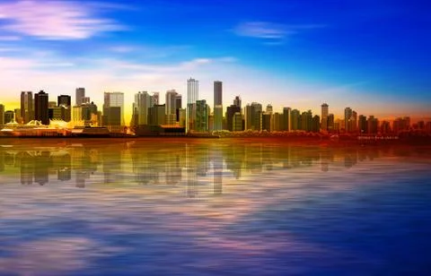 Abstract spring sunset background with blue sky and panorama of Vancouver Stock Illustration