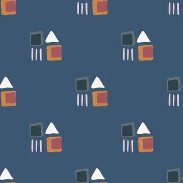 Abstract square and triangular shapes seamless pattern on blue background. Ge Stock Illustration