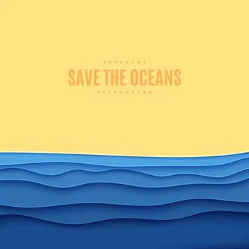 Abstract square background in cut paper style. Cutout blue sea wave and beach Stock Illustration