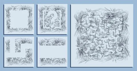 Abstract square backgrounds of small hand drawn chaotic loop lines. Random ch Stock Illustration