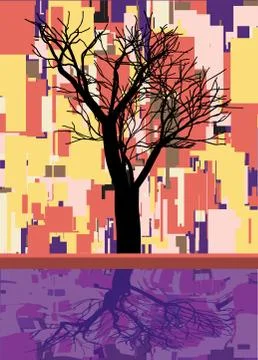 Abstract square fall composition with tree and reflection , geometric shapes Stock Illustration