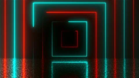Abstract square neon tunnel with reflection, computer generated background, 3D Stock Illustration