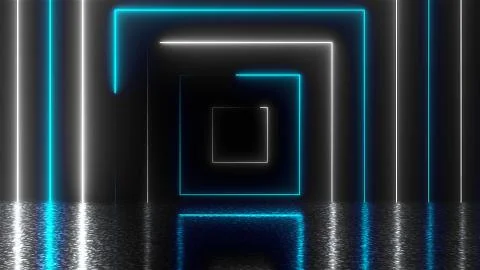 Abstract square neon tunnel with reflection, computer generated background, 3D Stock Illustration