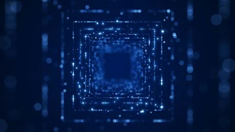Abstract square particle tunnel technology background concept on dark blue .. Illustrazione stock