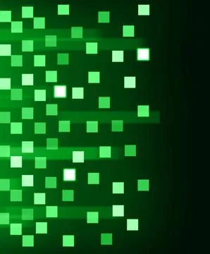 Abstract square pattern with glowing green blocks on dark background Stock Photos
