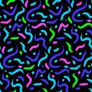 Abstract squiggles wavy lines retro neon graphic design black seamless pattern Stock Illustration
