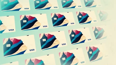 Abstract stack of Visa credit and debit cards on colorful background. Motion Stock Footage 159128033