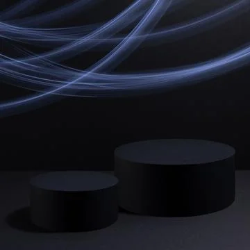 Abstract stage mockup with two black round podiums with glowing neon blue lig Stock Illustration