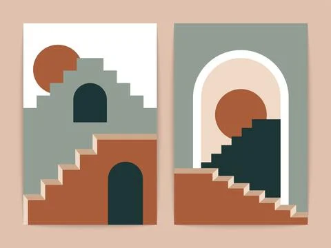 Abstract stair poster set. Mid century architecture boho art print, contemporary Ilustración de archivo
