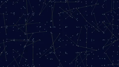 Abstract star constellation network with connected lines on deep blue night sky Stockbeeldmateriaal 330054874