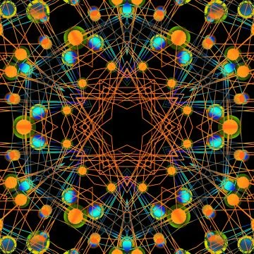 Abstract star pattern with circles multicolored on black Stock Illustration