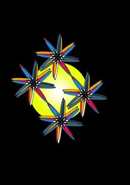Abstract Starburst Spirographs Around Glowing Yellow Sun on Black Backgr Stock Illustration