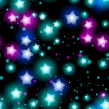Abstract starry seamless pattern with neon star on black background. Galaxy N Illustrazione stock