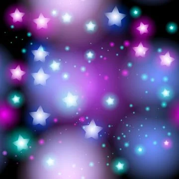 Abstract starry seamless pattern with neon star on bright pink and lilac, blu Illustrazione stock
