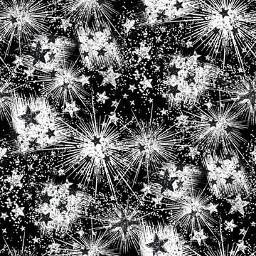 Abstract Stars Seamless Pattern on Black Background. All Over Print. Stock Illustration