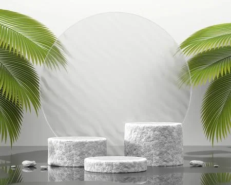 Abstract stone platform podium showcase for product display with palm leave.. Stock Illustration