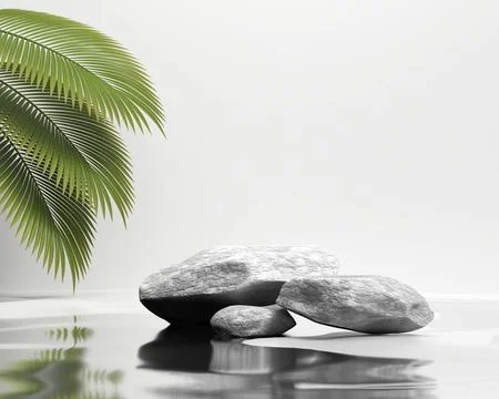 Abstract stone platform podium showcase for product display with palm leave.. Stock Photos