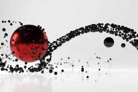 Abstract stream of black glossy spherical particles reflected from a large red Stock Illustration