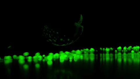 Abstract stream of spherical particles reflected from a large black circular Stock Illustration