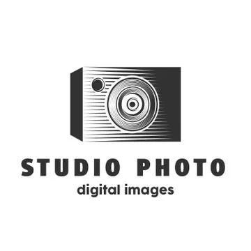 Abstract studio photo camera logo design template. Camera lined silhouette Stock Illustration