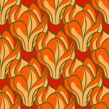 Abstract style floral seamless pattern with orange contoured magnolia flowers Stock Illustration