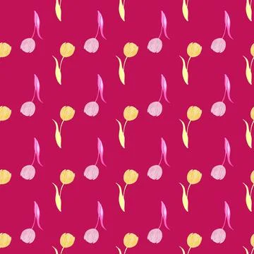 Abstract style seamless pattern with little tulip bud silhouettes print. Brig Stock Illustration