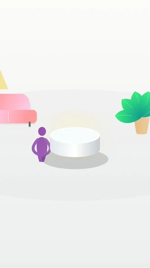 Abstract Stylized Character Standing Near Pedestal in Minimalist Room Vídeo Stock 333495525