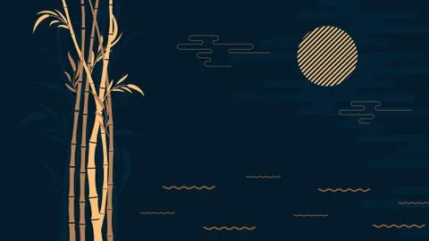Abstract stylized dark background bamboo forest at night with the moon.Template Stock Illustration